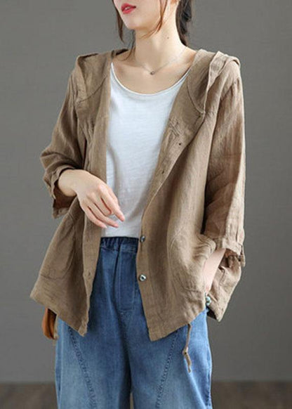 French Chocolate Linenhooded Summerpatchwork Shirt Tops