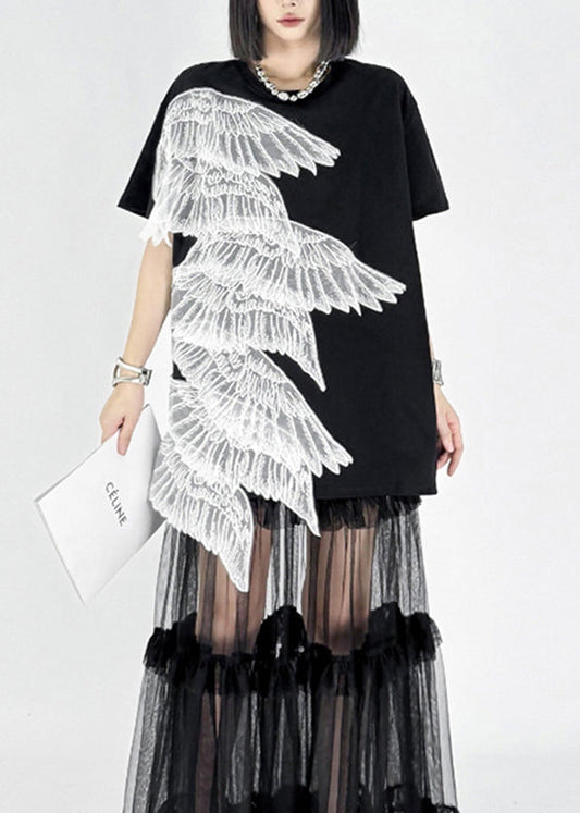 Summer New Black Embroidered Wings T-shirt Dress