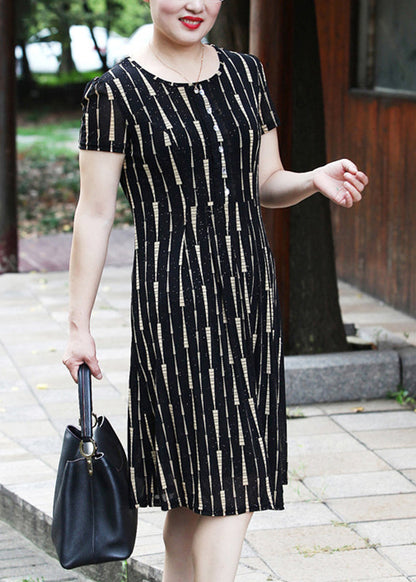 Yellow O-neck Striped Long Dress Short Sleeve
