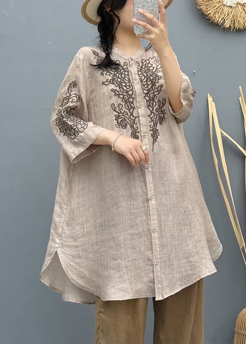 Apricot Embroidered Linen Long Shirt Summer