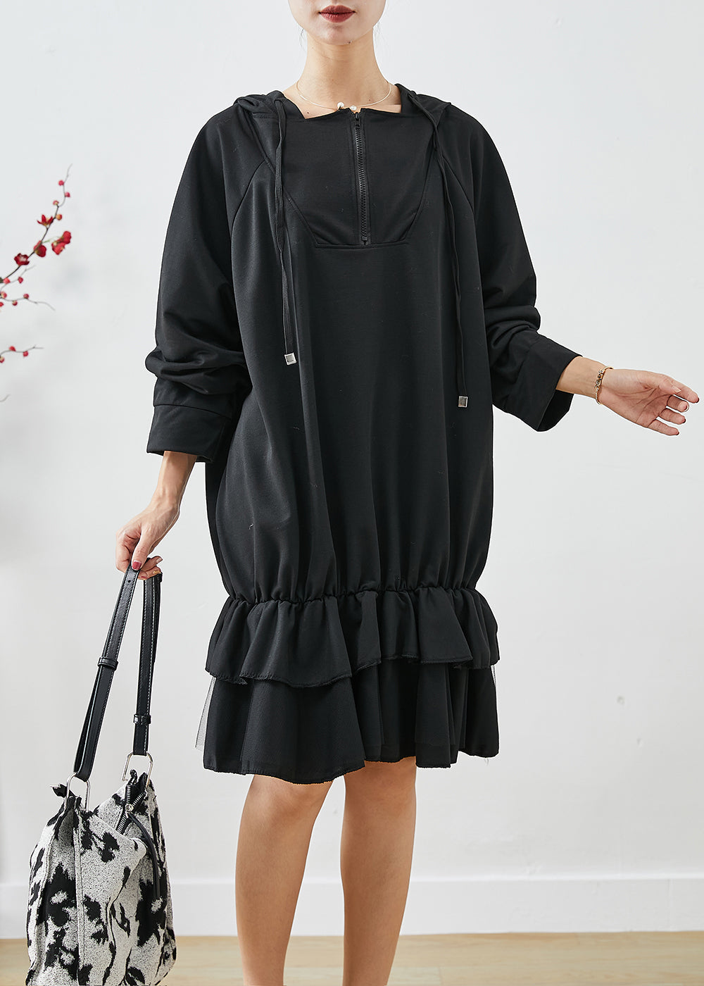 Black Oversized Patchwork Ruffles Cotton Dress Fall