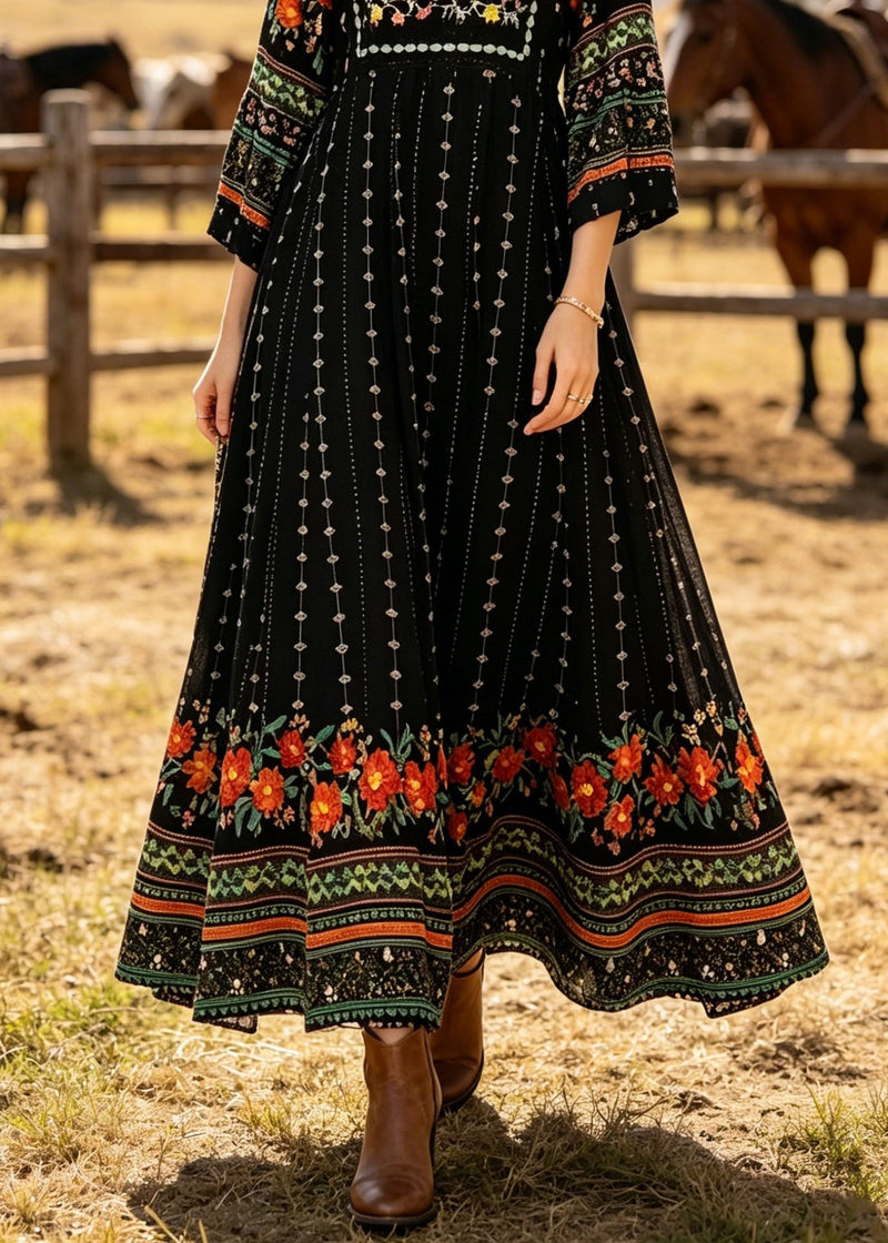 Black V Neck Print Cotton Long Dress Summer