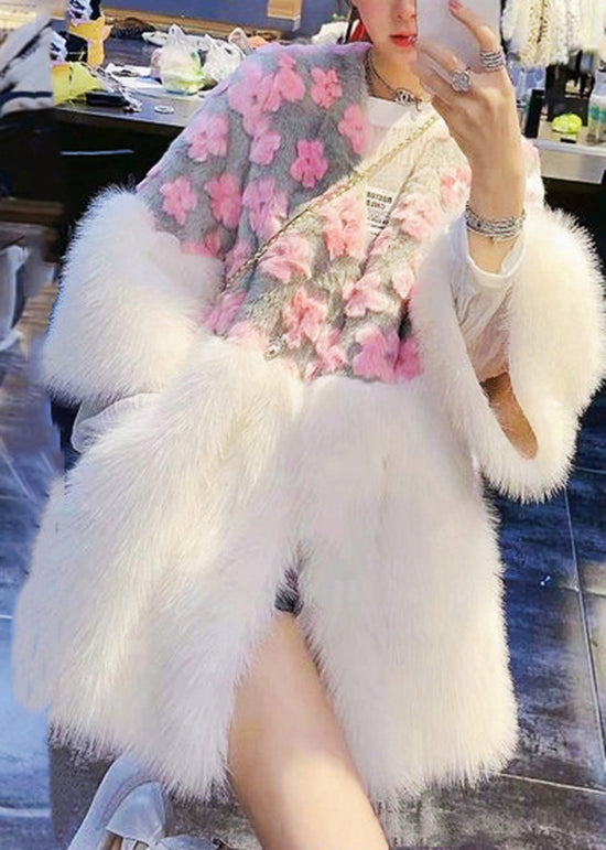 Pink V Neck Pockets Patchwork Fuzzy Fur Fluffy Coat Winter