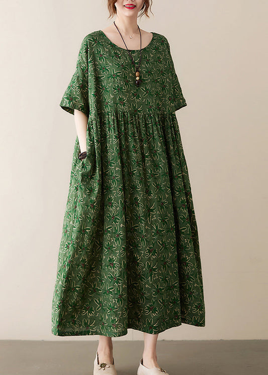 Green O-neck Wrinkled Exra Large Hem Print Cotton Long Dress Summer