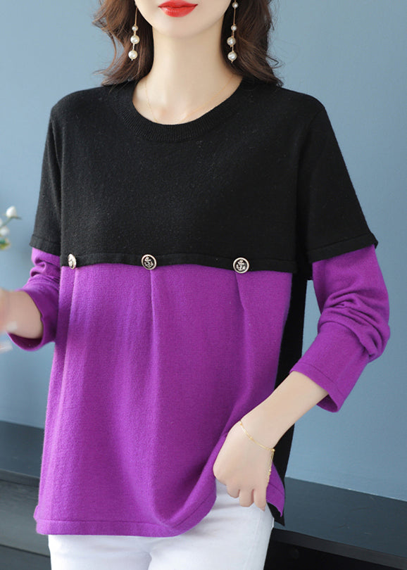 Grey O Neck Patchwork Knit Sweater Spring