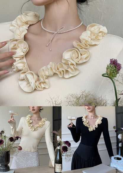 Apricot Ruffled Cotton T Shirt V Neck Spring