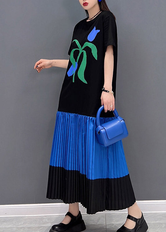 Black O-neck Print Patchwork Pleated Dress Short Sleeve