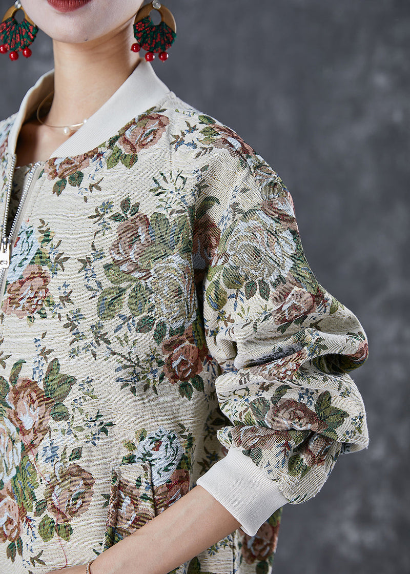 Beige Oversized Print Cotton Jackets Fall