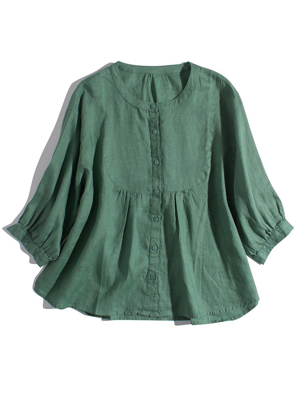 New Pink O-neck Button Linen Blouses Bracelet Sleeve