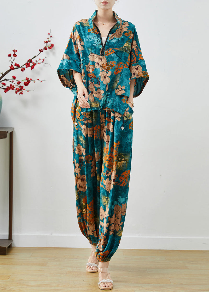Sea Blue Zip Up Print Chiffon Two Pieces Set Summer