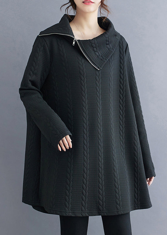 Black Zip Up Patchwork Cotton Top Long Sleeve