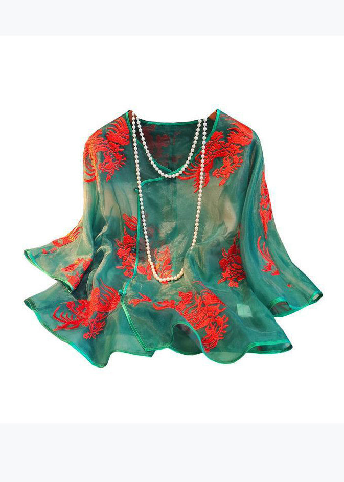 Original Green Embroidered Silk Blouses Long Sleeve