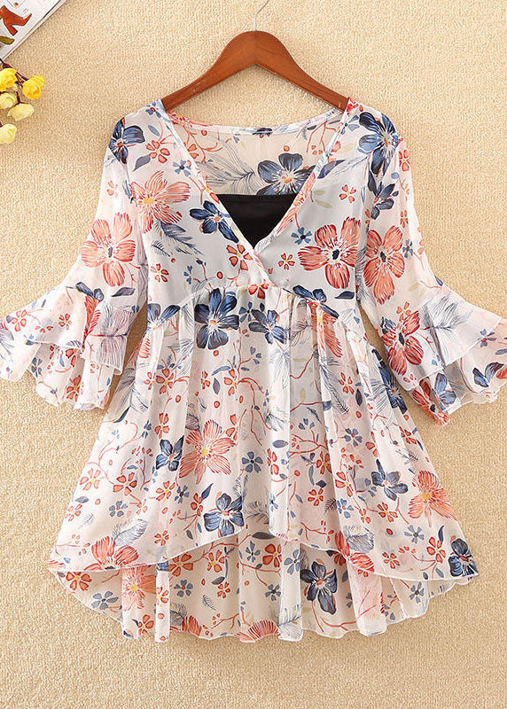 Unique Red V Neck Chiffon Shirt Tops Flare Sleeve