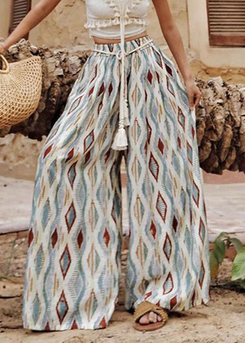 Plaid Print Elastic Waist Cotton Wide Leg Pants Summer