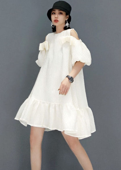Loose White Puff Sleeve Cold Shoulder a Line Skirts Party Dress Summer