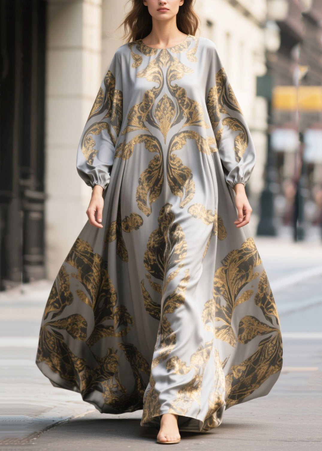 Grey Oversized Print Chiffon Maxi Dresses Fall