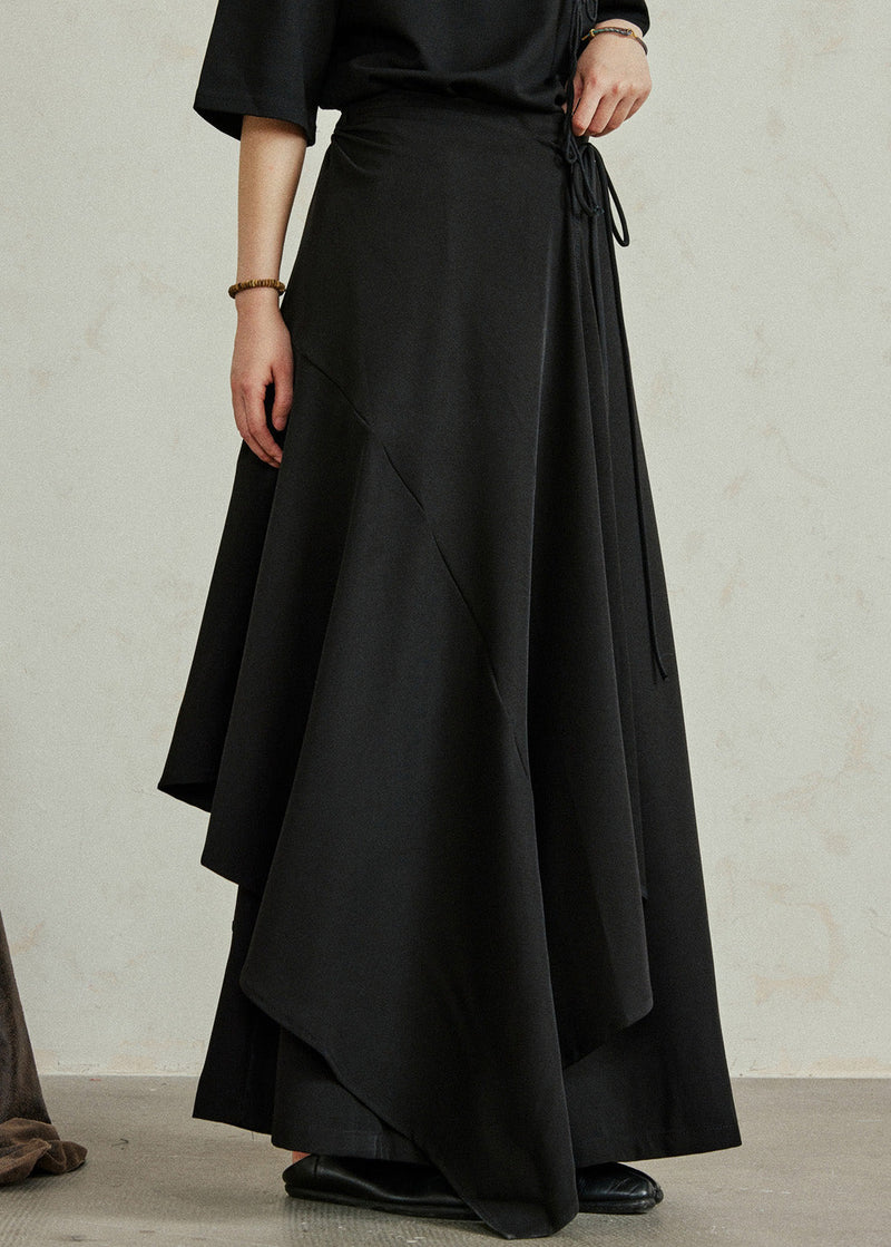 Black Asymmetrical Pockets Patchwork Elastic Waist Pants Skirt