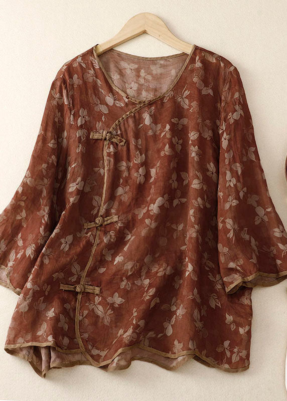 Red O Neck Print Patchwork Linen Shirt Bracelet Sleeve