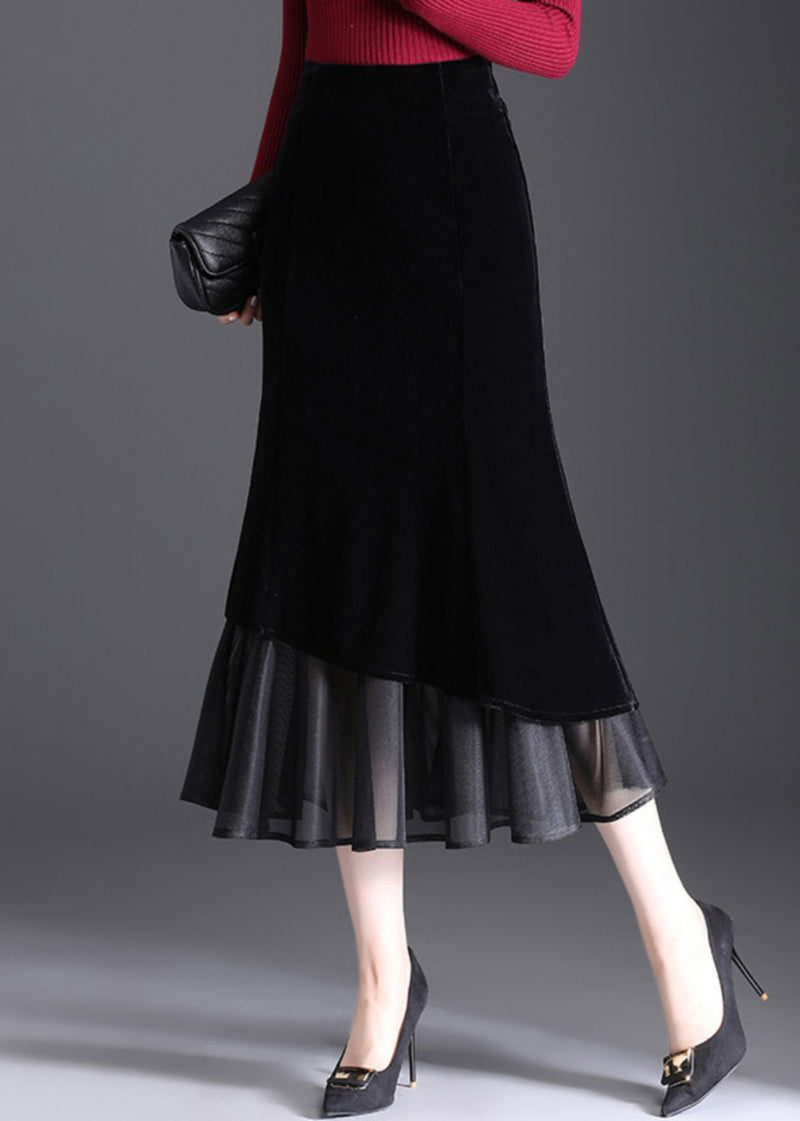 Black Zippered Elastic Waist Velvet Fishtail Skirts Spring