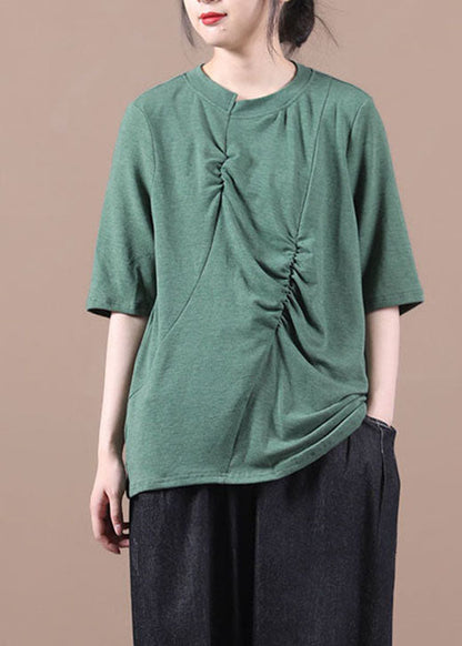 Green Wrinkled Knit Blouses Half Sleeve