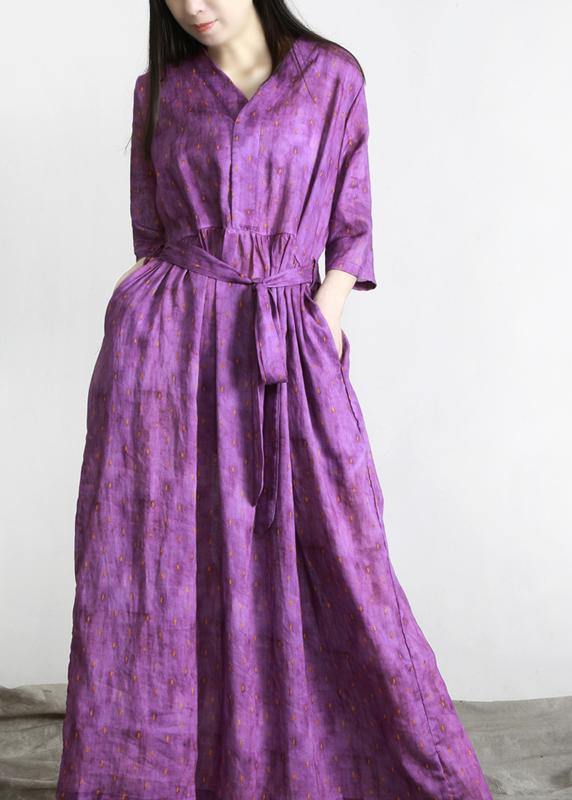 Purple Print Linen Tie Waist Summer Robe Dresses