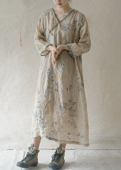Beige V Neck Print Patchwork Linen Long Dresses Long Sleeve