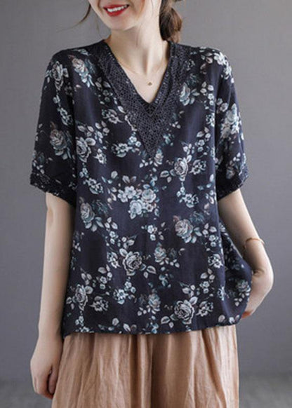 Simple Light Green V-neck Print Summer Ramie Shirt Top Short Sleeve