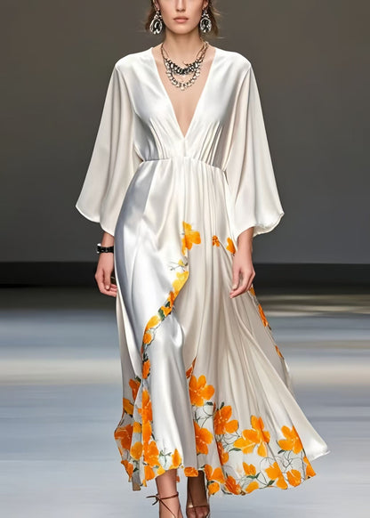 White Print Draping Silk Vacation Dresses V Neck Spring