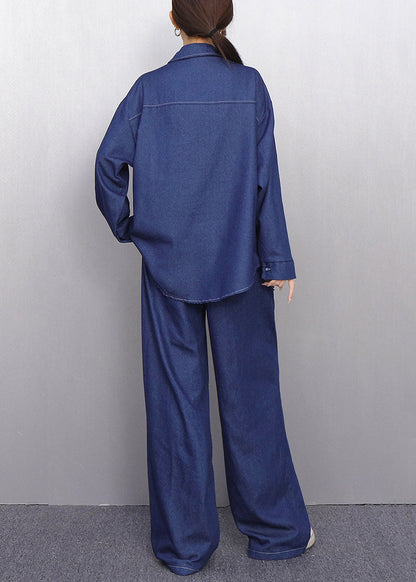 Colorful Navy Button Shirts and Pants Denim Two Pieces Set Fall