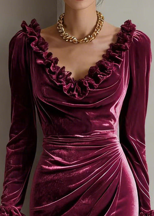 Style Mulberry Ruffled Wrinkled Silk Velvet Vacation Dresses Spring