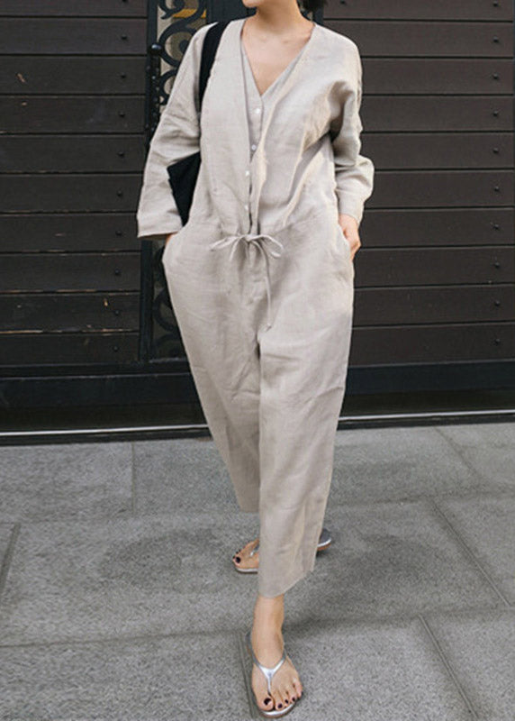 Grey V Neck Button Linen Jumpsuit Spring