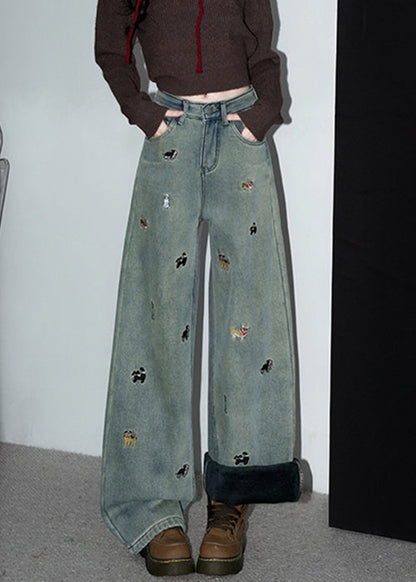 Denim Blue Embroidered Pockets Warm Fleece Pants
