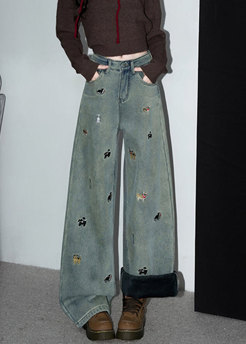 Denim Blue Embroidered Pockets Warm Fleece Pants
