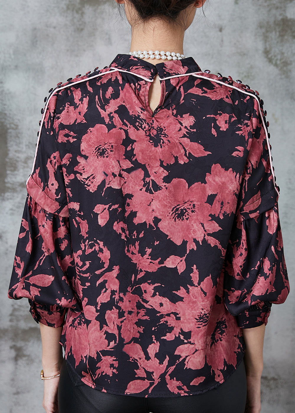 Brick Red Stand Collar Print Chiffon Shirt Top Lantern Sleeve
