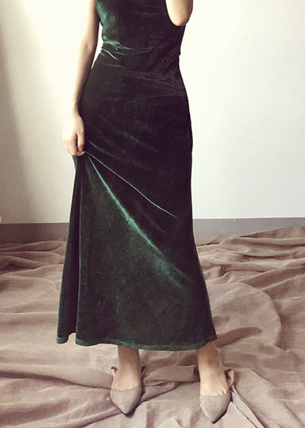 Green V Neck Velour Spaghetti Strap Dress Fall
