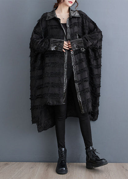 Black Asymmetrical Pockets Patchwork Button Trench Coats Fall