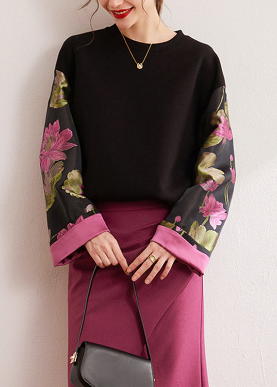 Black O-neck Print Silk Cotton Pullover Fall