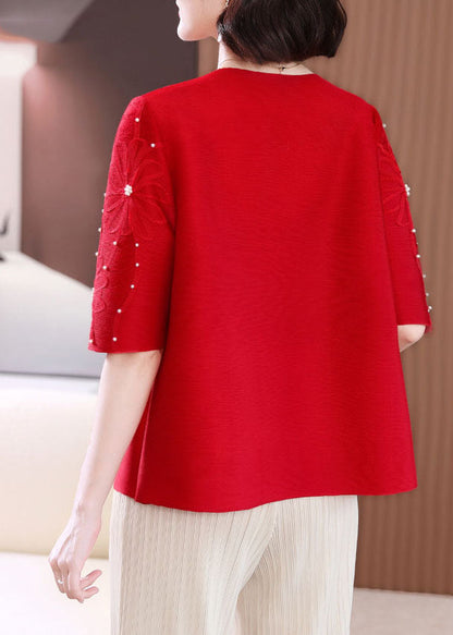 Red Embroideried Nail Bead T Shirts Summer