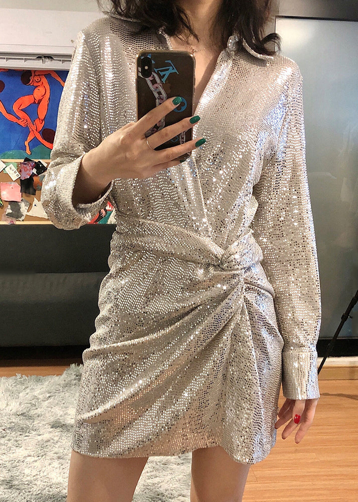 Silver Peter Pan Collar Sequins Mid Dress Spring