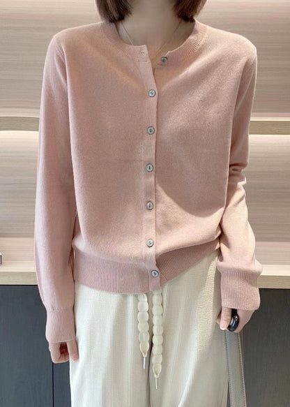 Pink O Neck Button Patchwork Knit Coats Long Sleeve