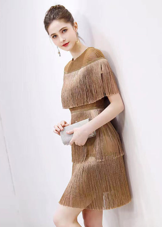 Boutique Gold Tasseled Hollow Out Party Dresses Summer