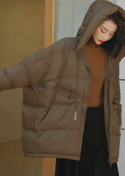 Khaki Hooded Pockets Fine Cotton Filled Witner Coats