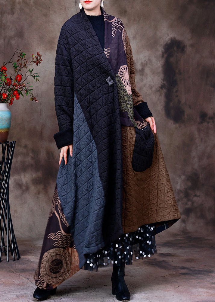 Handmade Chocolate Black Asymmetrical Patchwork Fine Cotton Filled Witner Coats