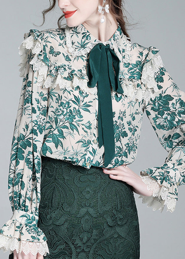 Green Peter Pan Collar Print Button Silk Shirt Long Sleeve