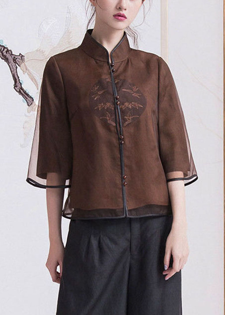 Chinese Style Brown Button Stand Collar Silk Coats Half Sleeve