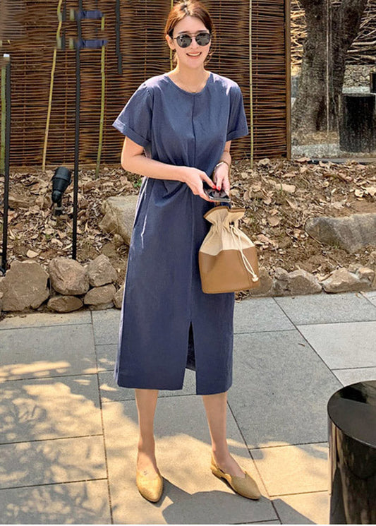 Slim Fit Navy O-neck Pockets Patchwork Dress Short Sleeve