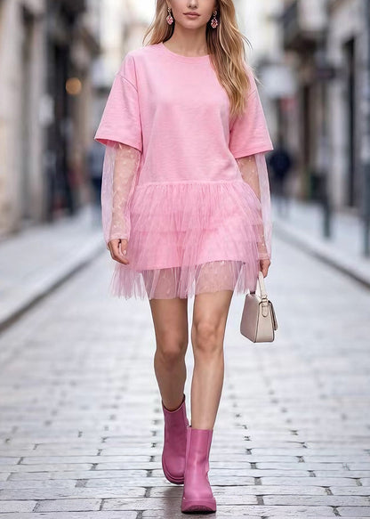 Pink O Neck Tulle Patchwork Cotton Short Dress Summer