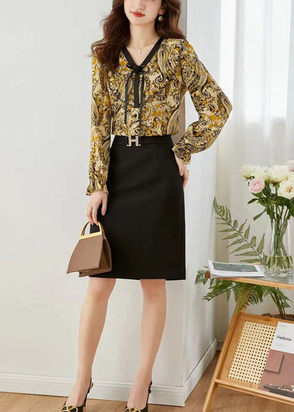Yellow Print Chiffon Blouse Tops V Neck Lantern Sleeve