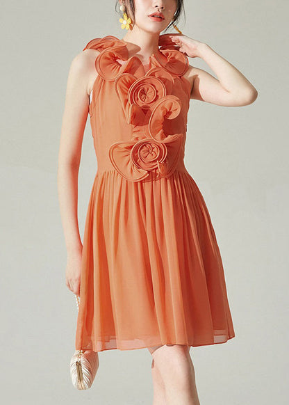 New Orange Wrinkled Chiffon Mid Dress Sleeveless