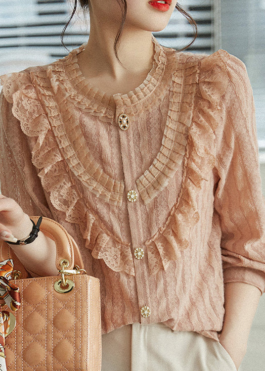 Pink Ruffled Tulle Patchwork Lace Top Fall